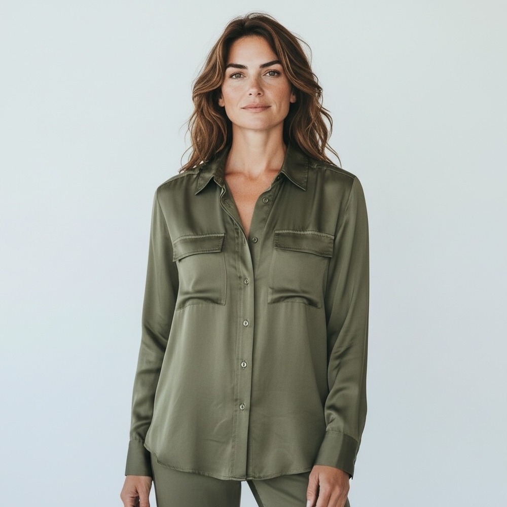 L'AGENCE Lunetta Military‎ Shirt Women's Green 100% Cupro Utility Blouse Top XS